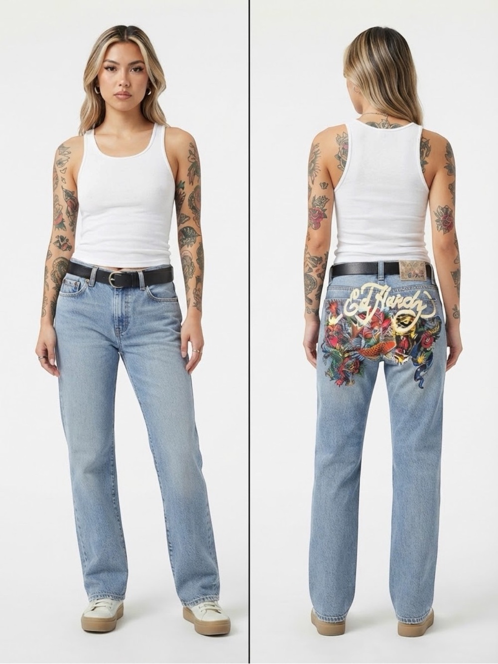 Ed Hardy Multi Tattoo Low Waist Baggy Jeans Y2K Size 26